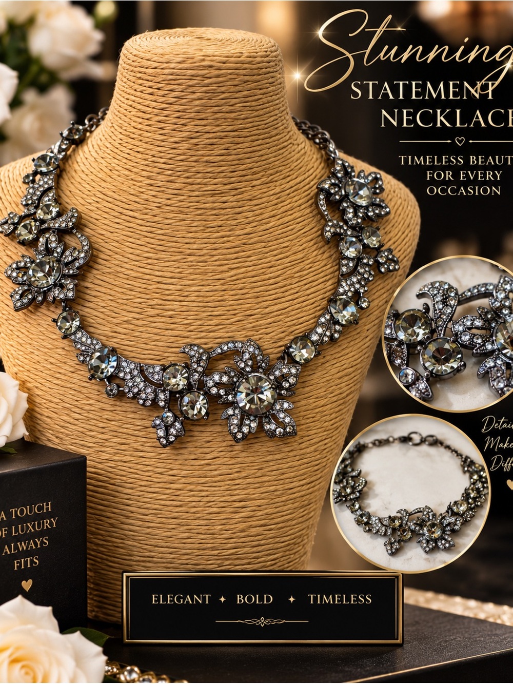 Elegant Gunmetal Crystal Statement Necklace - Women Jewelry